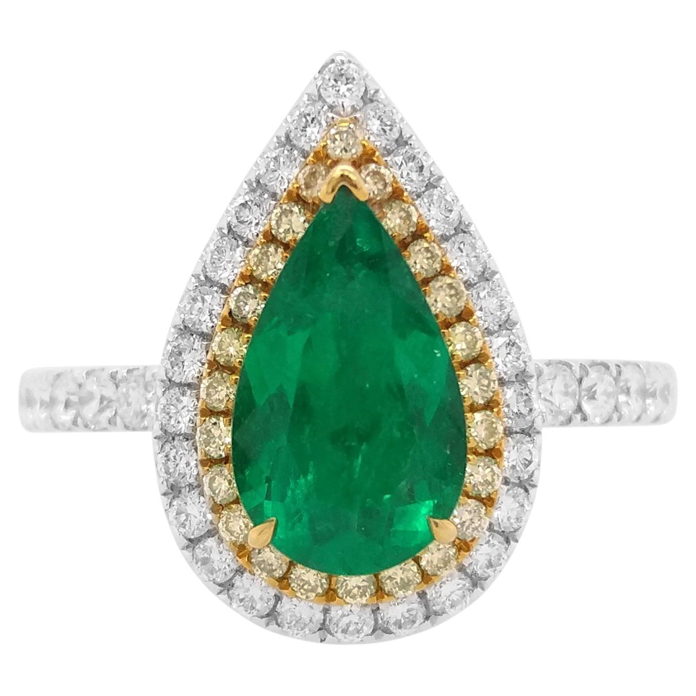 Émeraude colombienne certifiée de forme poire, diamant jaune, bague tournante en or 18K