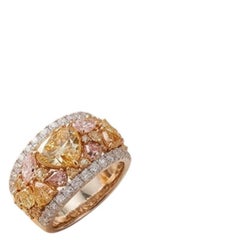 Bague certifiée IGI, sertie de diamants naturels de couleur fantaisie taillés en rosette, en or 18 carats