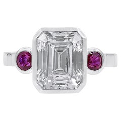 Oscar Heyman Bezel Set 3.22ct H/IF Emerald Cut Diamond Ring with Pink Sapphires