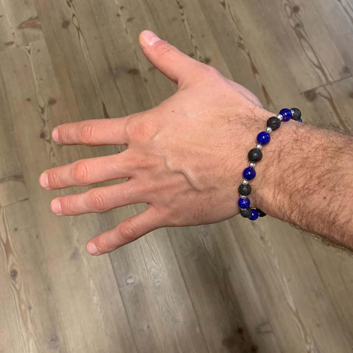 Men's Lapis Lazuli Silver Lava Stone Stretch Bracelet Men Jewelry Gift for Him For Sale