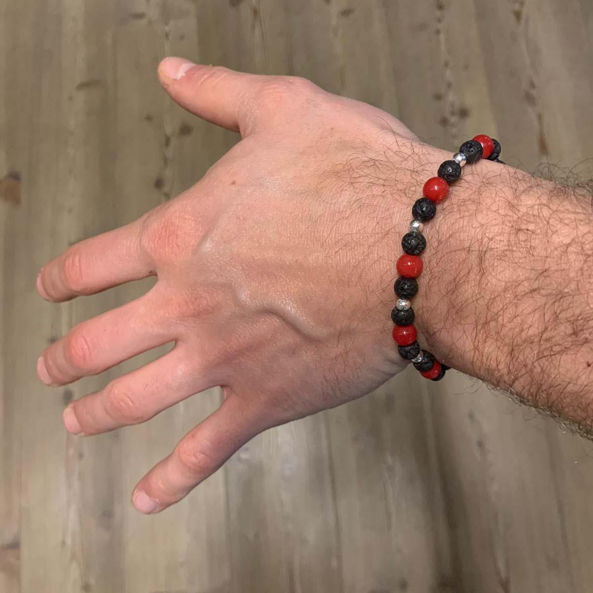 Bamboo Coral Silver Lava Stone Stretch Bracelet Men Jewelry Gift for Him For Sale 1