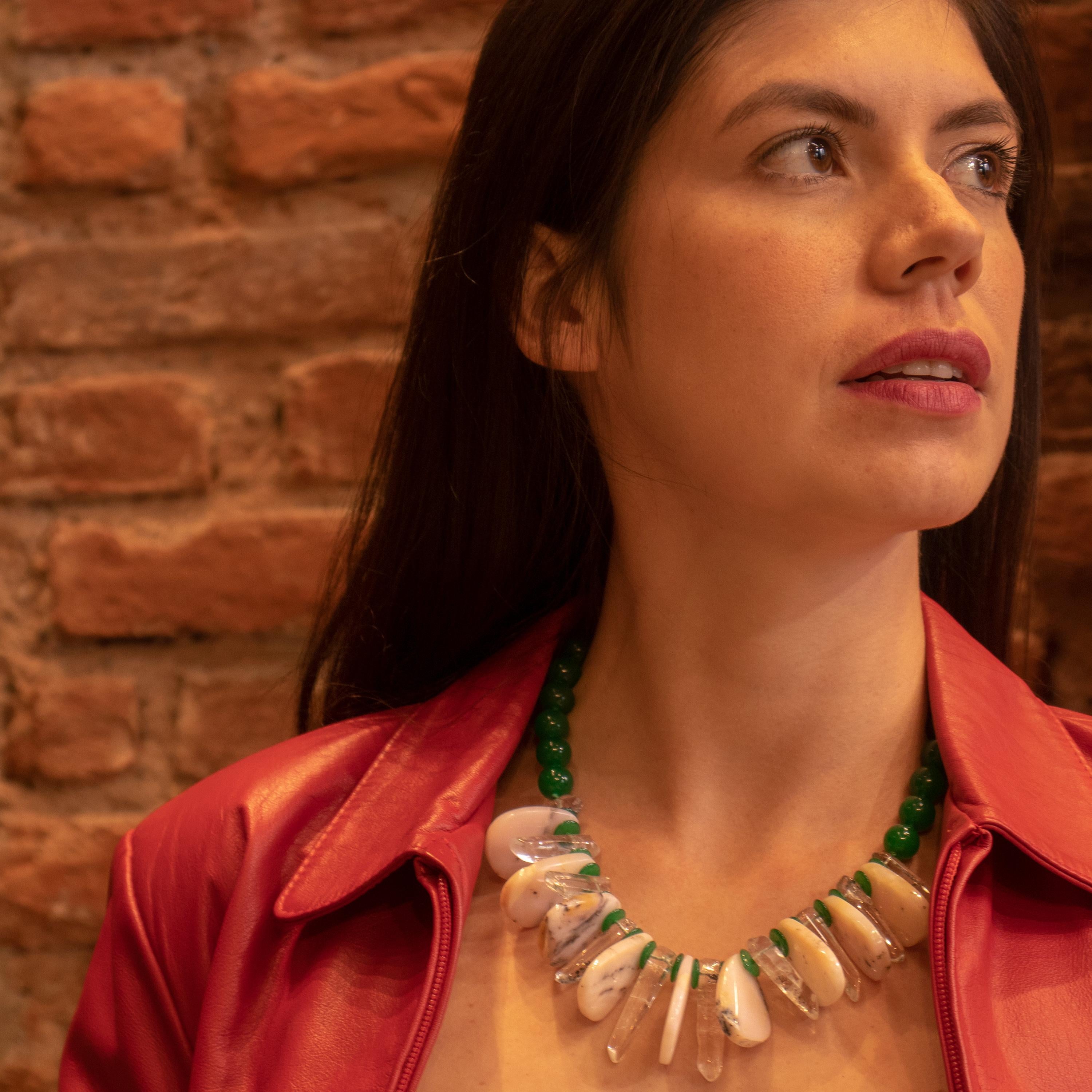 Sfere di quarzo verde Opale Cristallo di rocca 925 Argento dorato Collana tribale di perline in vendita 2