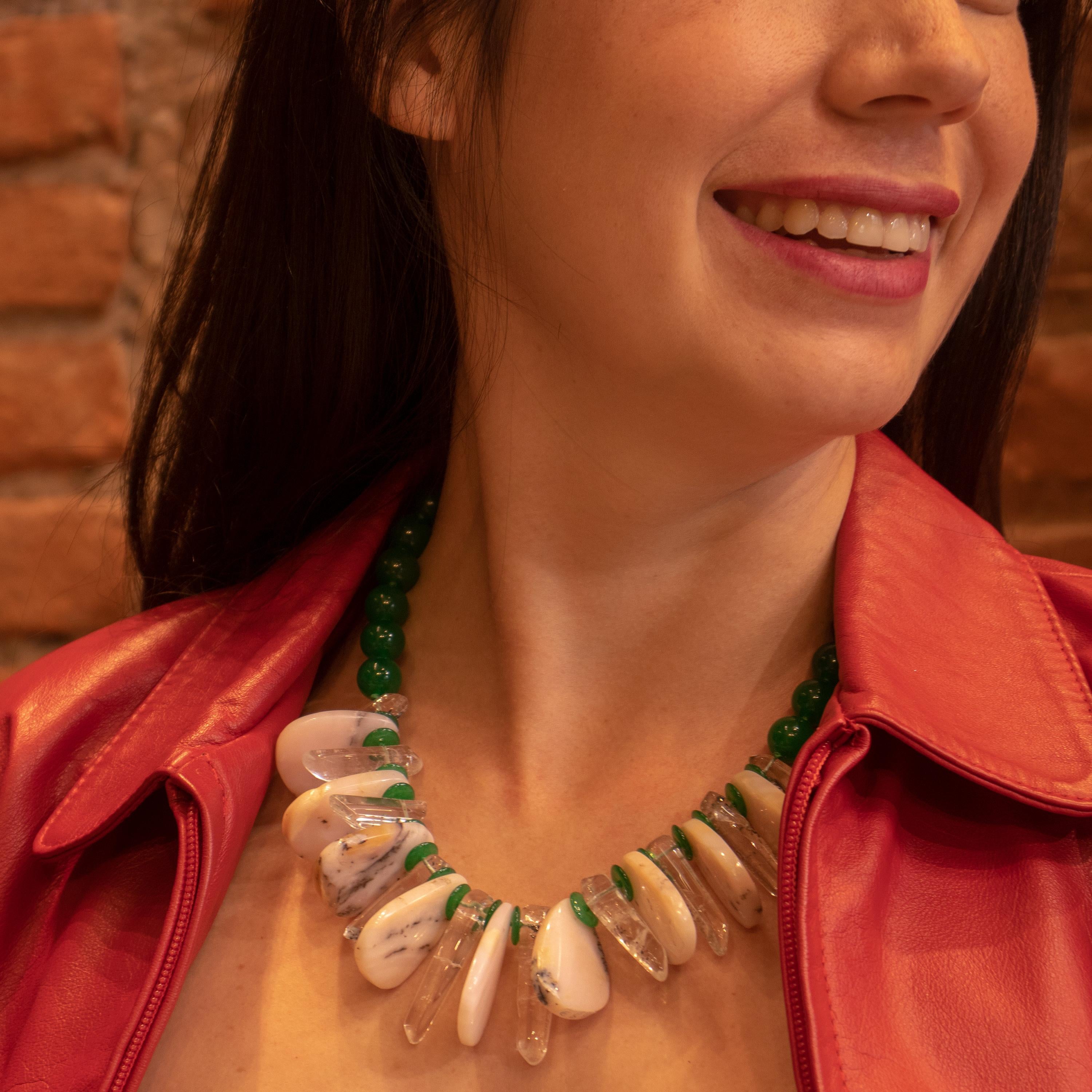 Sfere di quarzo verde Opale Cristallo di rocca 925 Argento dorato Collana tribale di perline in vendita 3