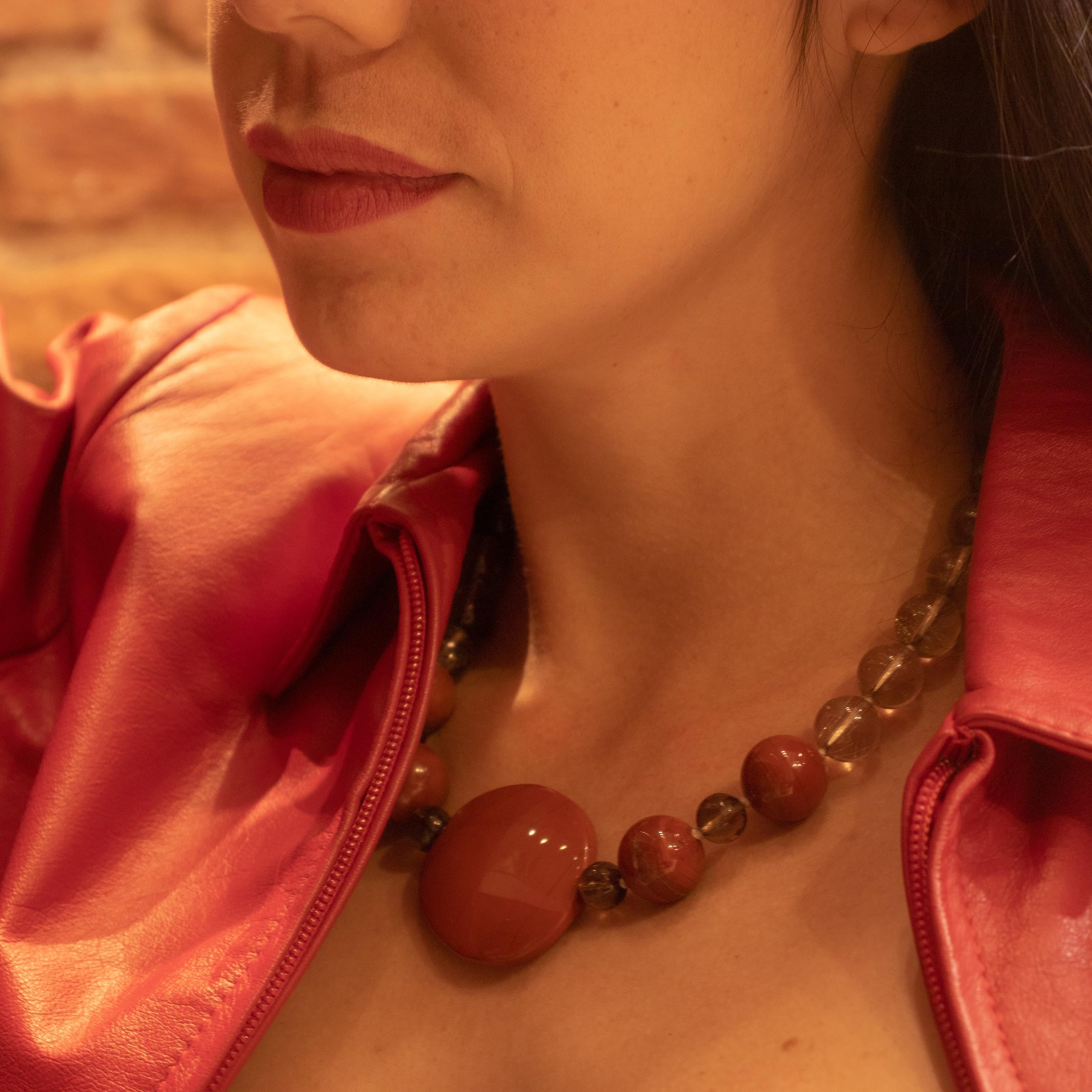 Taglio rotondo Collana di perline in quarzo diaspro 925 in argento sterling, stile Art Déco in vendita