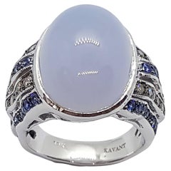 Chalcedony, Blue Sapphire and Brown Diamond Ring Set in 18 Karat White Gold