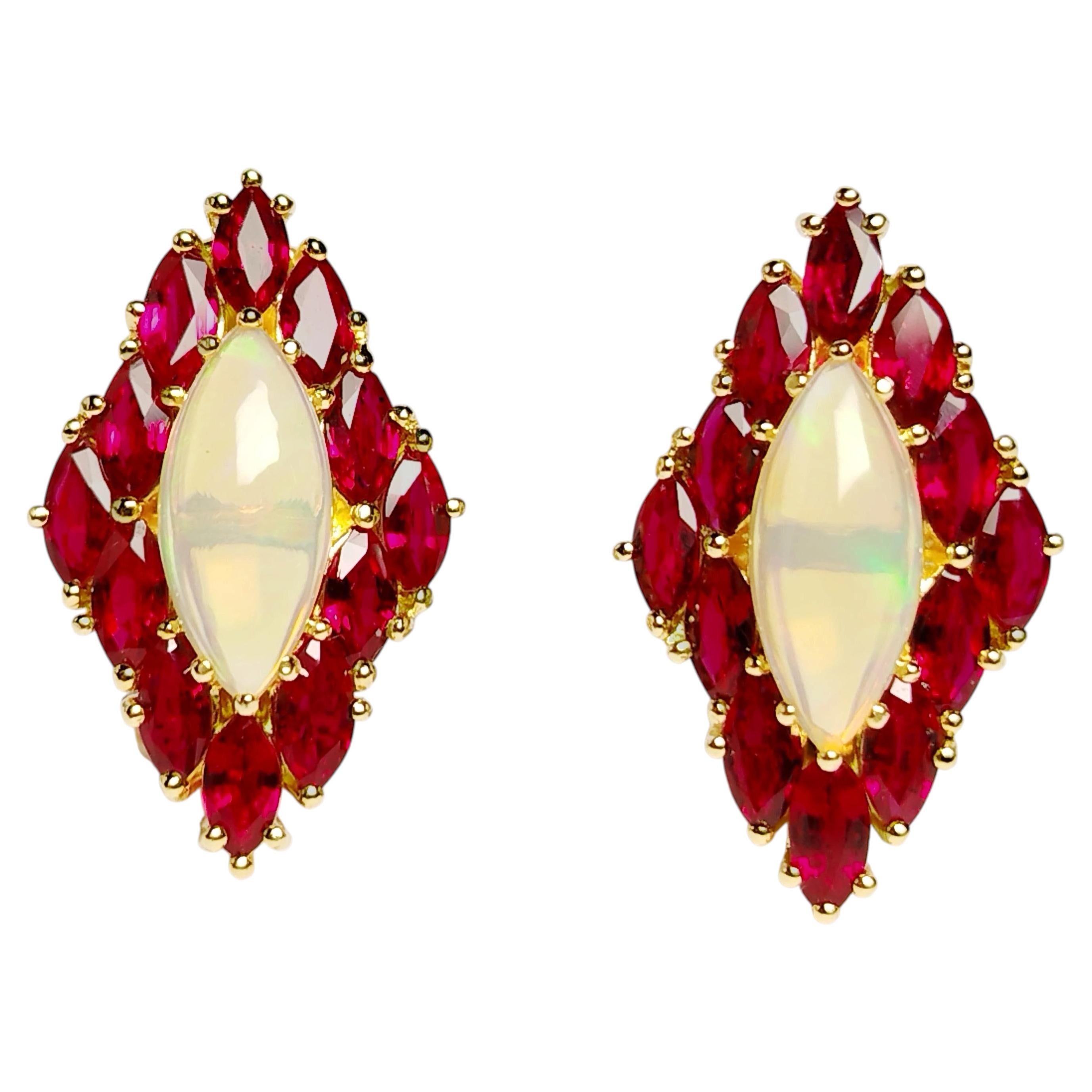 Opal with Ruby Earrings set in 18K Gold Settings For Sale