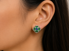 Blue Sapphire, Emerald and Diamond Earrings set in 18K White Gold Settings