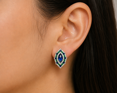 Blue Sapphire, Emerald and Diamond Earrings 18K White Gold Settings