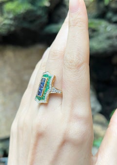 Blue Sapphire, Emerald with Diamond Ring set in 18K Gold Settings