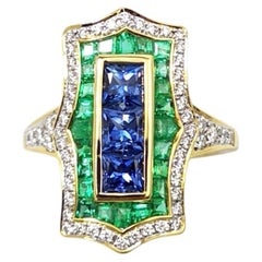 Blue Sapphire, Emerald with Diamond Ring set in 18K Gold Settings