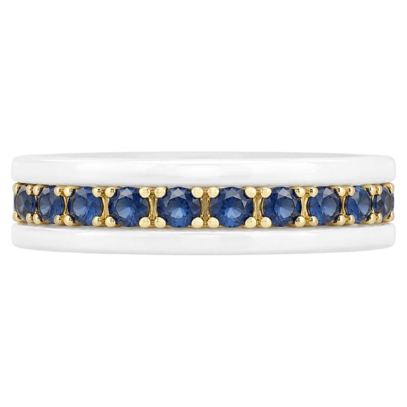 Blue Sapphire set in 18K Gold in Ceramic Ring For Sale