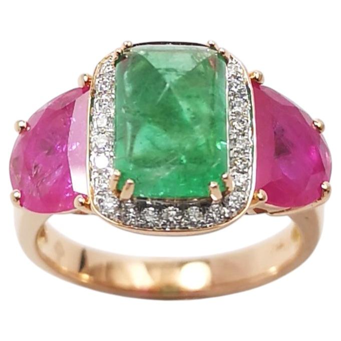 Cabochon Emerald, Ruby with Diamond Ring set in 18K Rose Gold Settings