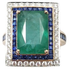 Emerald with Blue Sapphire and Diamond Ring set in 18K Rose Gold Settings