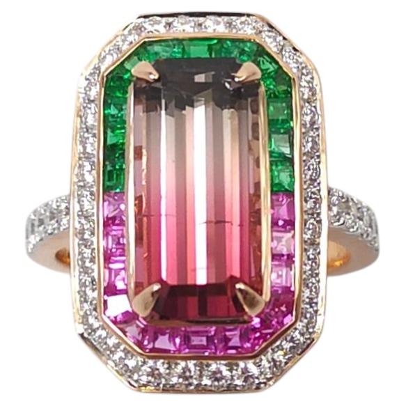 Watermelon Tourmaline with Emerald, Pink Sapphire and Diamond Ring 18K Rose Gold