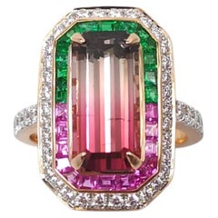 Anello in oro rosa 18 carati con tormalina color anguria, smeraldo, zaffiro rosa e diamanti