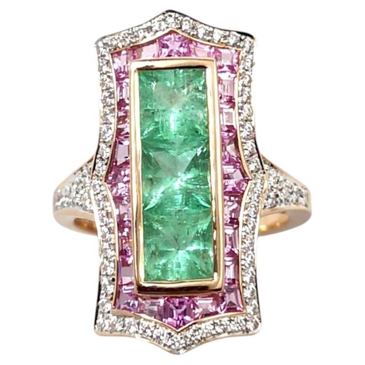 Emerald with Pink Sapphire and Diamond Ring set in 18K Rose Gold Settings