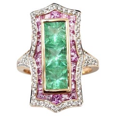 Emerald with Pink Sapphire and Diamond Ring set in 18K Rose Gold Settings