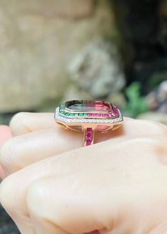 Bi-color Tourmaline with Pink Sapphire, Tsavorite and Diamond Ring 18K Rose Gold