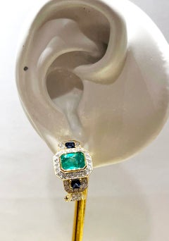 Emerald, Blue Sapphire and Diamond Earrings set in 18K Gold Settings