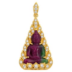 Ruby and Zoisite with Diamond Buddha Pendant set in 18K Gold Settings