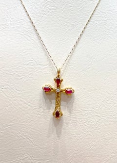 Cabochon Ruby with Diamond Cross Pendant set in 18K Gold Settings