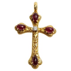 Cabochon Ruby with Diamond Cross Pendant set in 18K Gold Settings