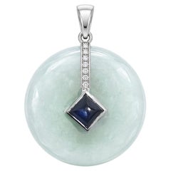 Jade with Cabochon Blue Sapphire and Diamond Pendant set in 18K White Gold