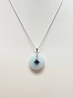 Jade with Cabochon Blue Sapphire and Diamond Pendant set in 18K White Gold