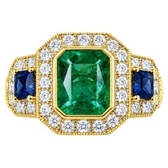 Emerald and Blue Sapphire with Diamond Ring set in 18K Gold Settings