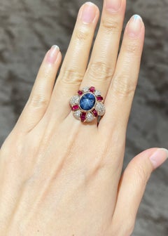 Blue Star Sapphire with Ruby and Diamond Ring set in 18K Rose Gold Settings
