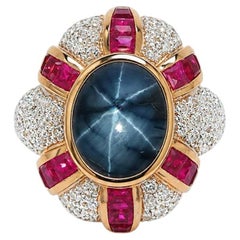 Blue Star Sapphire with Ruby and Diamond Ring set in 18K Rose Gold Settings