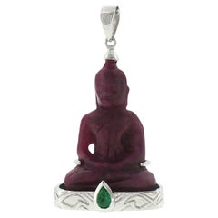 Carved Ruby with Cabochon Emerald Buddha Pendant set in 18K White Gold Settings