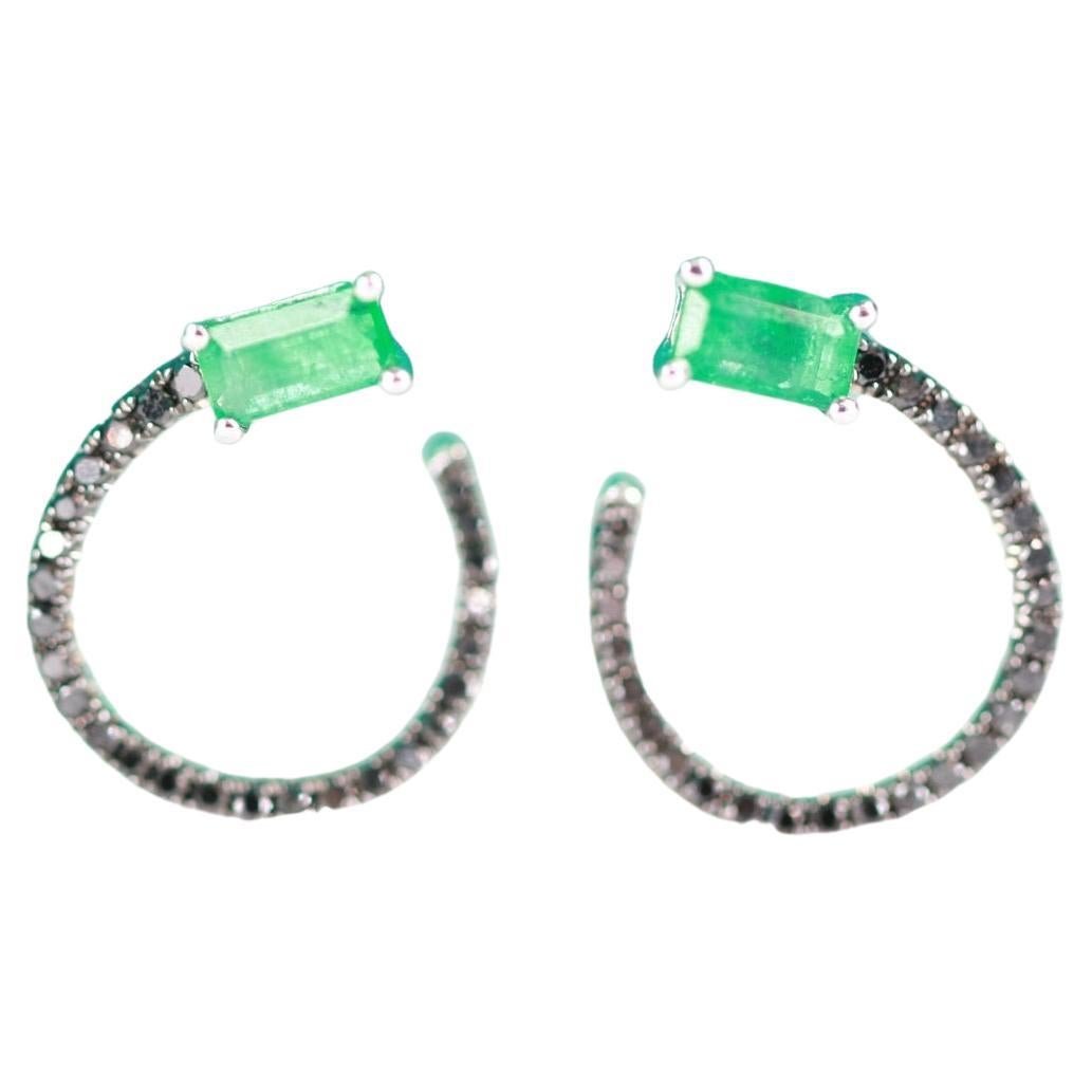 0.61 Carat Emerald Cut Emerald and Brown Diamond 18 Karat White Gold Earring For Sale