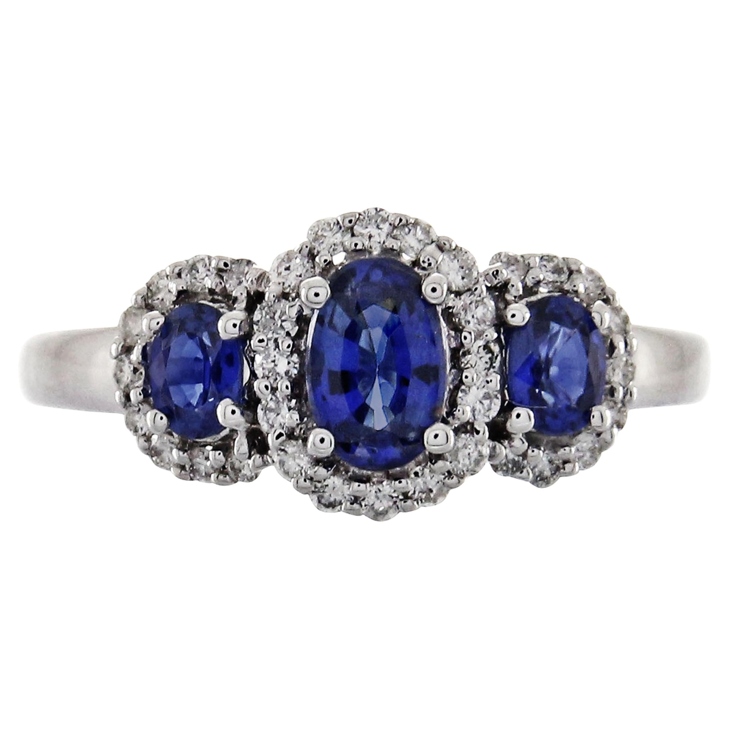 1.15 Carat Oval-Cut Blue Sapphire Diamond Accents 14K White Gold Bridal Ring For Sale