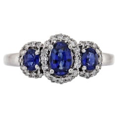 Vintage 1.15 Carat Oval-Cut Blue Sapphire Diamond Accents 14K White Gold Bridal Ring