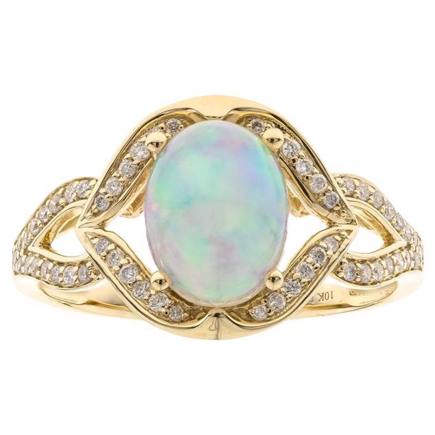 1.40 Carat Oval-Cab Ethiopian Opal Diamond Accents 10K Yellow Gold Ring For Sale