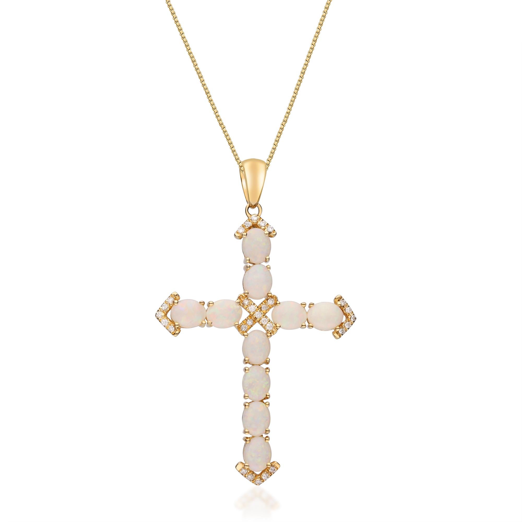 Taille ovale Gin and Grace Collier pendentif croix en opale et diamant 14K en vente