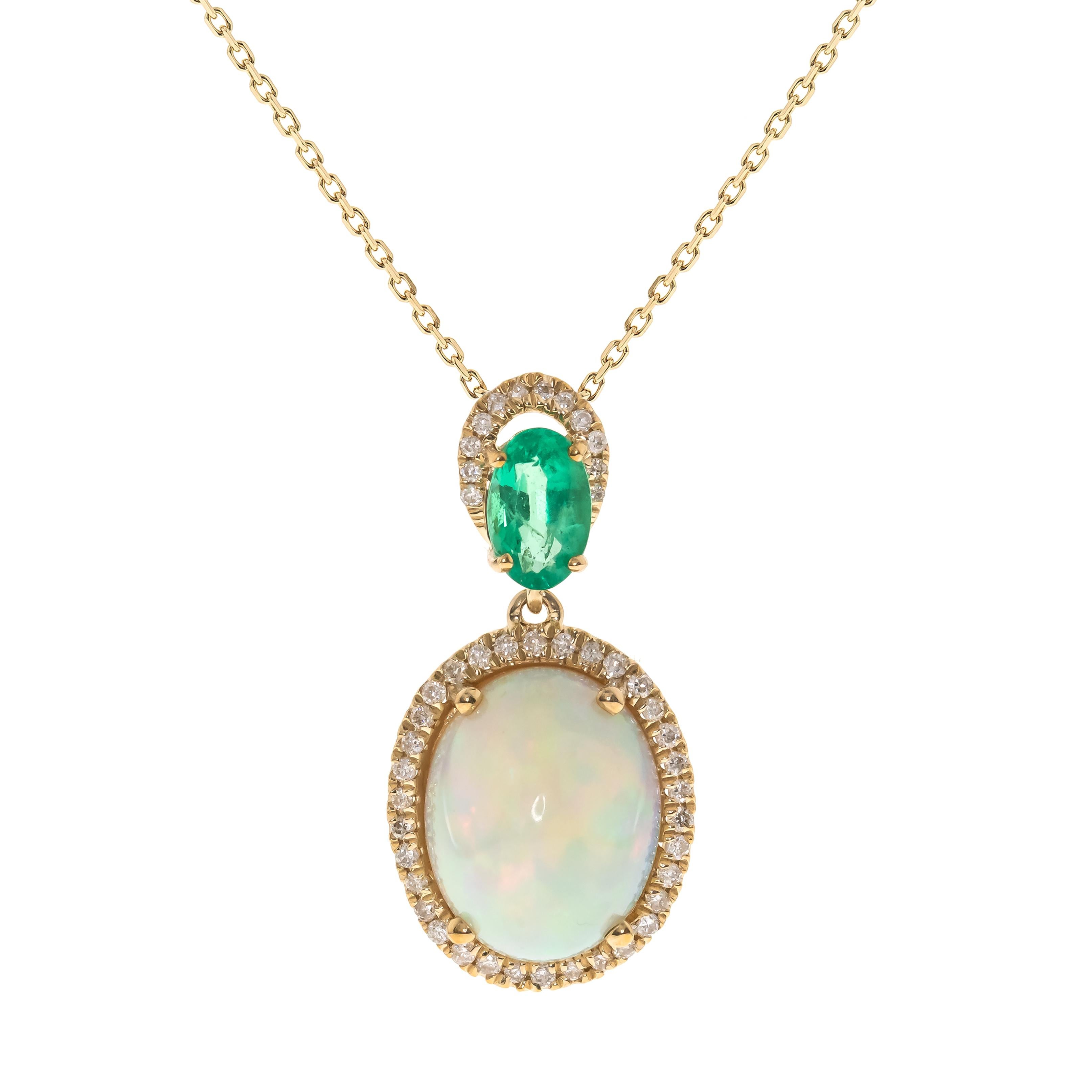 Gin and Grace Ethiopian Opal & Emerald Double Halo Pendant Necklace For Sale