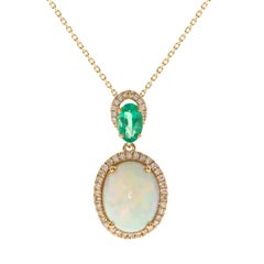 Gin and Grace Ethiopian Opal & Emerald Double Halo Pendant Necklace