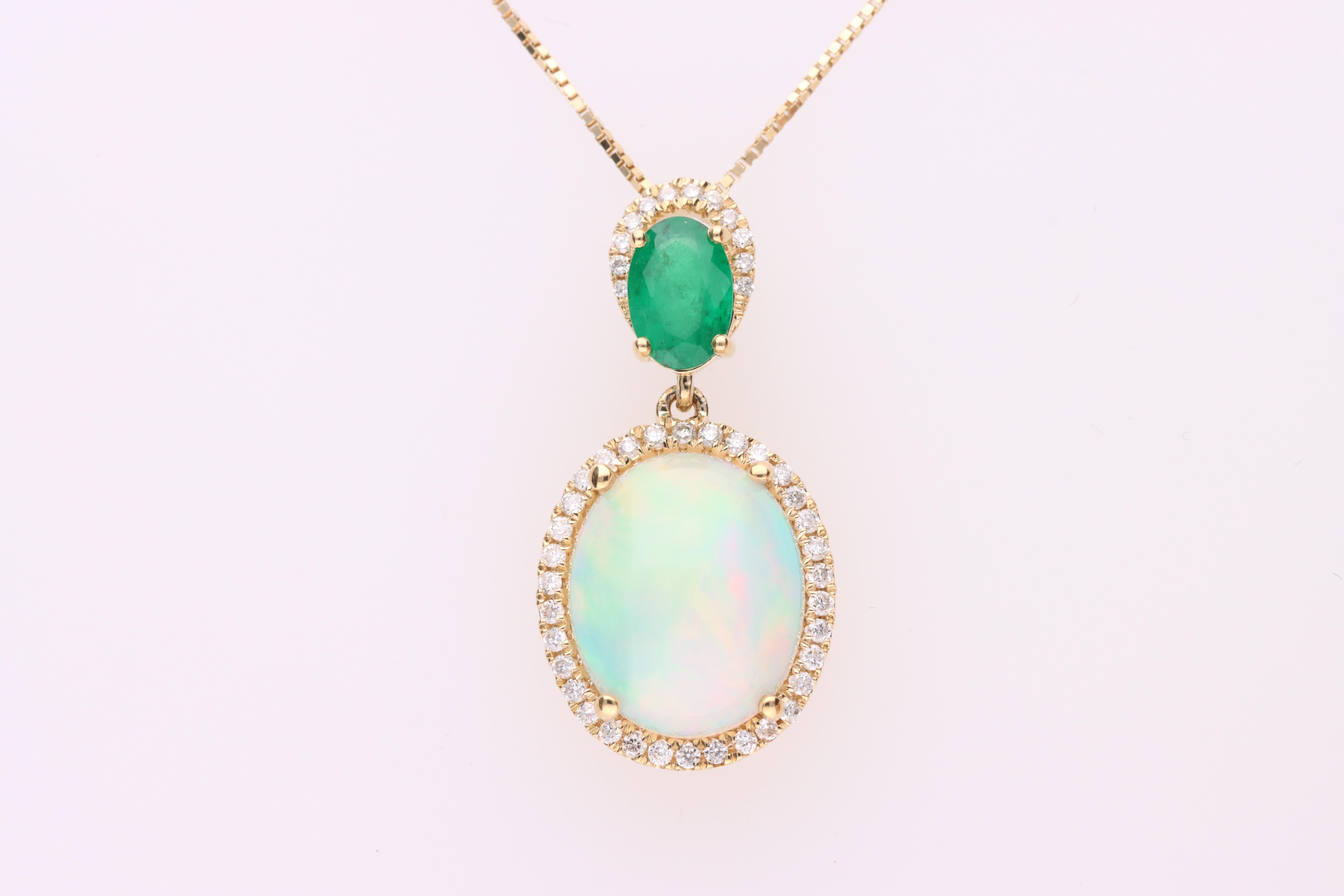 Gin and Grace Ethiopian Opal & Emerald Double Halo Pendant Necklace In New Condition For Sale In New York, NY