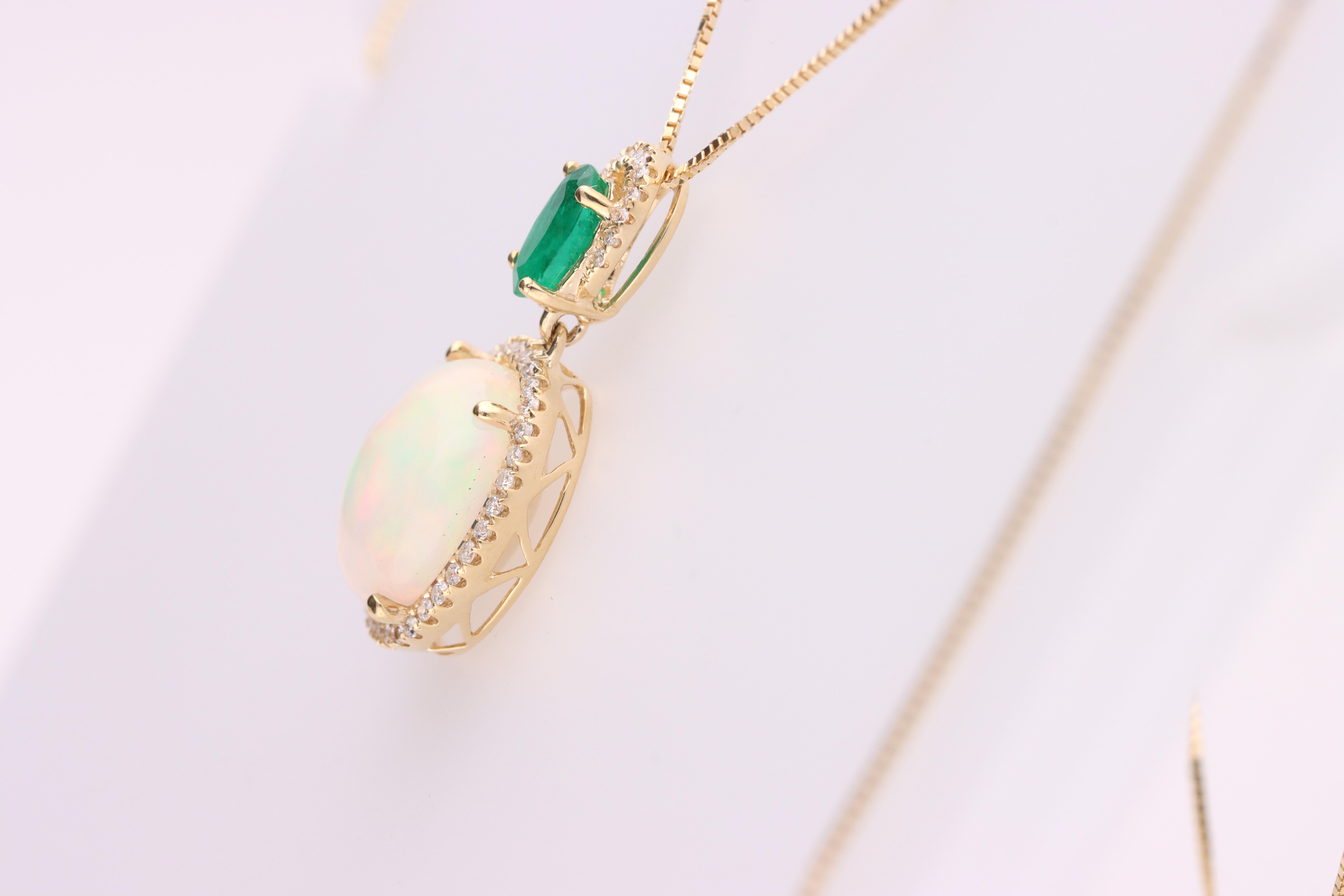 Art Deco Gin and Grace Ethiopian Opal & Emerald Double Halo Pendant Necklace For Sale