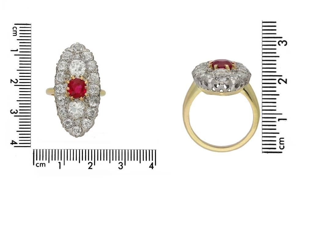 Antique Cushion Cut Marquise Shape Ruby and Diamond Cluster Ring, circa 1910 For Sale
