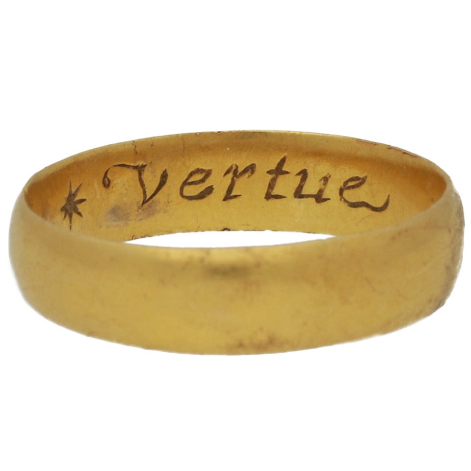 17th Century Stuart gold posy Band ring "Vertue passeth riches" For Sale