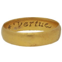 Antique 17th Century Stuart gold posy Band ring "Vertue passeth riches"