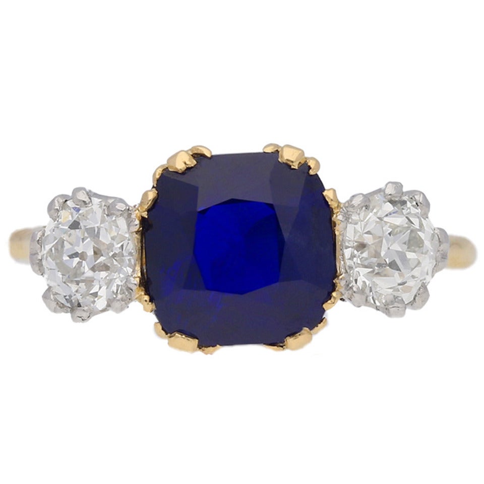 Natural Burmese Royal Blue Sapphire Diamond Gold Platinum ThreeStone