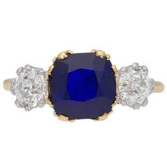Natural Burmese Royal Blue Sapphire Diamond Gold Platinum Three-Stone Ring 9