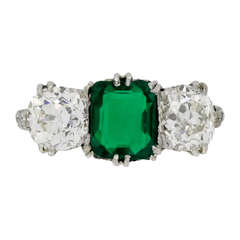 Natural Unenhanced Colombian emerald and diamond three stone ring, circa 1910. 7