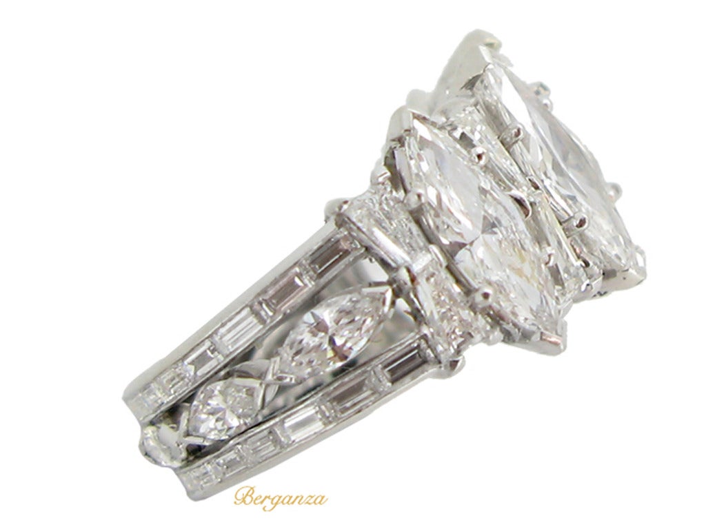 1970s Marquise Diamond Platinum Five Stone Cluster Ring at