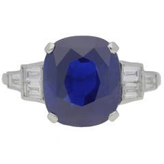 Art Deco Natural 5.47 Carat Royal Blue Ceylon Sapphire Diamond Three Stone Ring 6