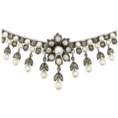 Collier ancien en perles naturelles et diamants, vers 1880